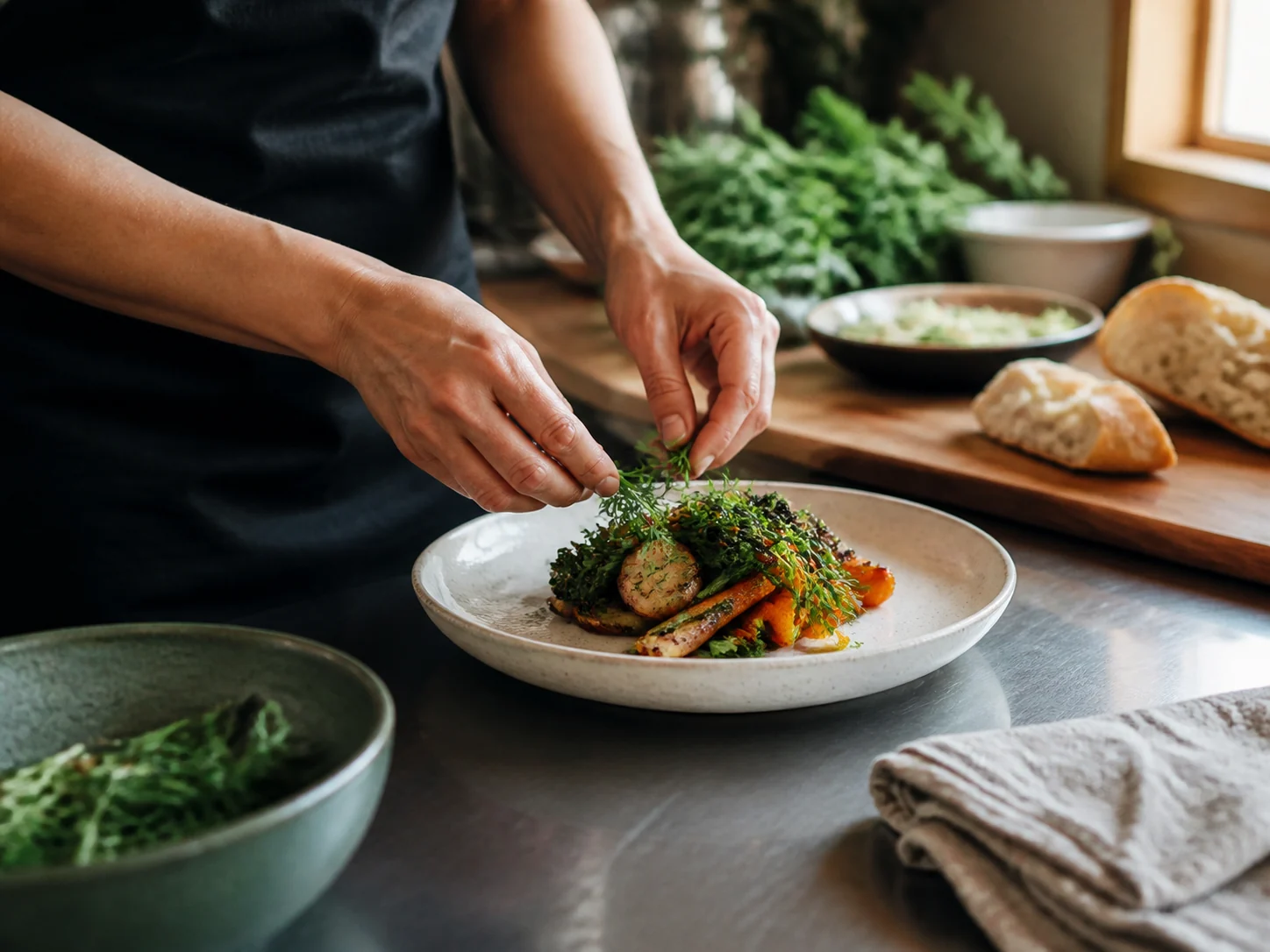 A cook plating seasonal vegetables in a working kitchen